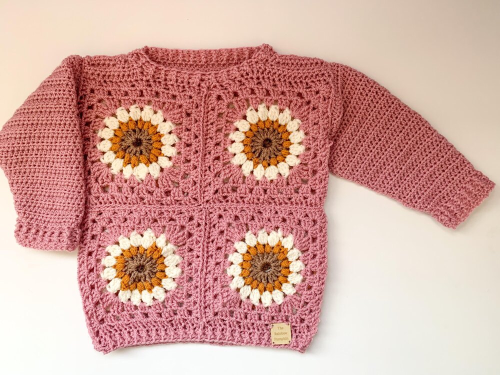 Handmade Multicolored Crochet Sweater With Sunflower Print and