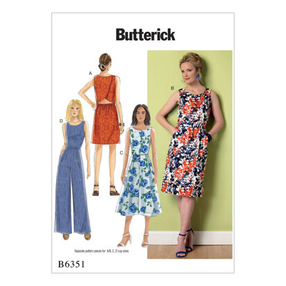 Butterick Misses' Open-Back, Tulip-Detail Dresses and Jumpsuit B6351 - Sewing Pattern