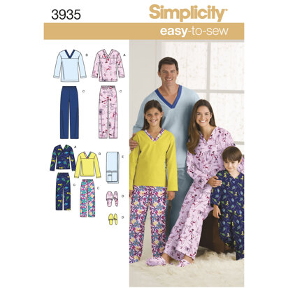 Simplicity Women's/Men/Child Sleepwear 3935 - Paper Pattern, Size A (XS-L / XS-XL)