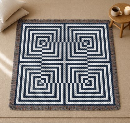 Optical Illusion Blanket C2C CROCHET PATTERN 53×53 inches Deep Blue Mosaic Afghan