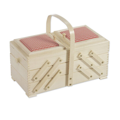 Cantilever Sewing Box with Red Check Pin Cushions, Beech Wood