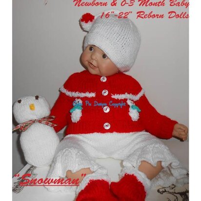 Christmas Snowman Newborn/ 0-3 Month Baby & Reborn Doll 5pc Set Cardigan Leggings Hat Bootees Toy Knitting Pattern - knitting pattern