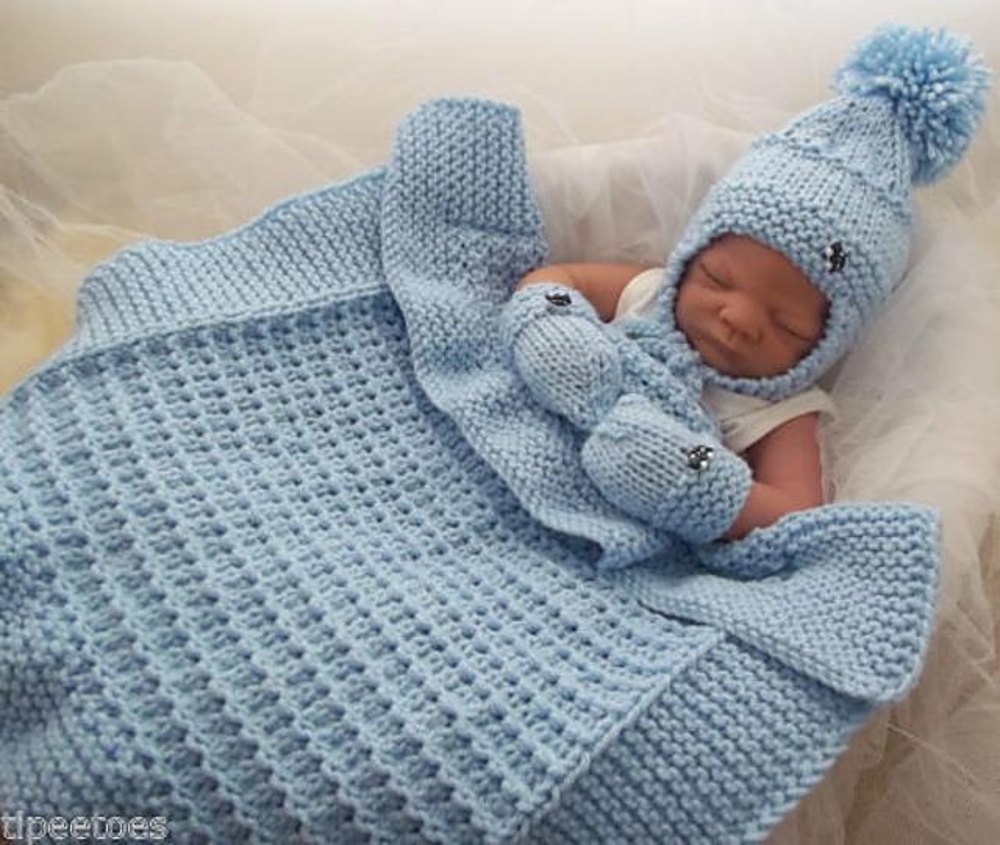 Pattern #43 Chunky Pram Blanket, Hat Mittens Knitting pattern by