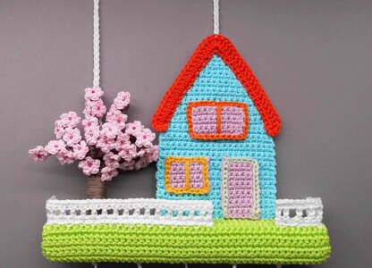 Hanging decoration spring cherry blossom - easy from scraps of yarn