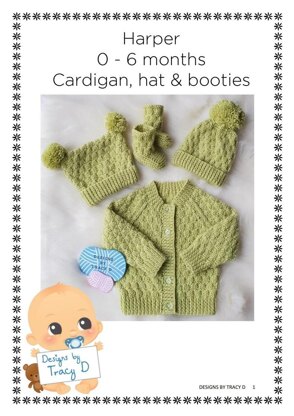 Harper unisex baby knitting pattern cardigan, 2 hats and booties 0-6mths