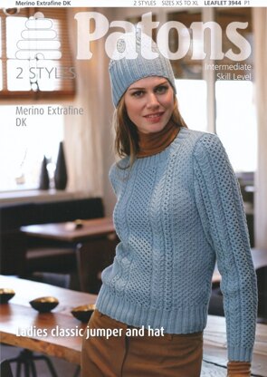 Ladies Classic Jumper and Hat in Patons Merino Extrafine DK - 3944