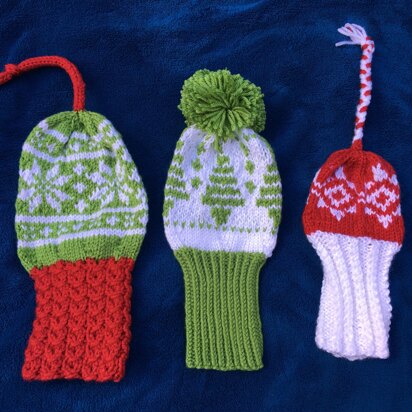 Knitted Christmas golf club covers