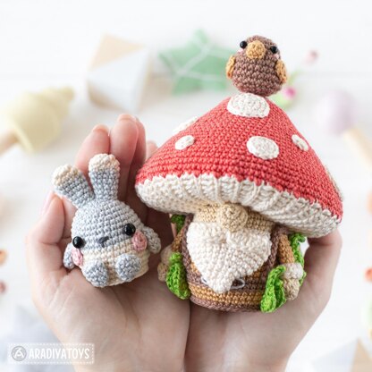 5-in-1 vegetable patch crochet pattern amigurumi by AradiyaToys mini kingdom mushroom gnome crochet tutorial DIY PDF file bunny garden girl by AradiyaToys (Olka Novytska)