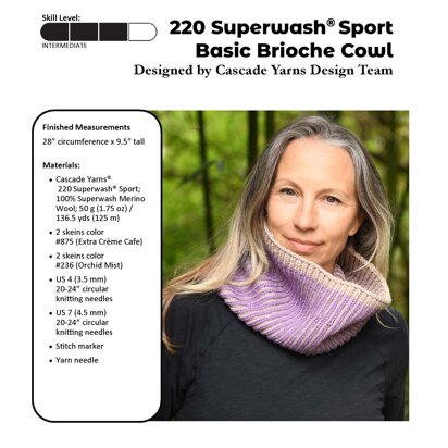 Dbasic Sport Brioche Cowl in Cascade Yarns 220 Superwash® Sport - DK690 - Downloadable PDF