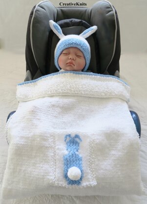 Baby Boy Bunting Bunny Car Seat Blanket & Hat