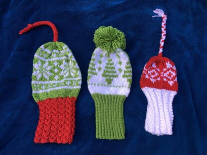 Knitted Christmas golf club covers