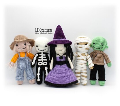 Crochet Pattern: Halloween Characters – Scarecrow, Skeleton, Witch, Mummy and Zombie Crochet Dolls (English)