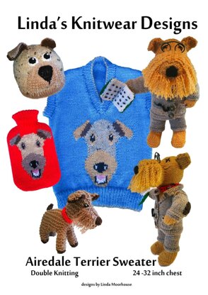 Airedale Terrier sweater, hotwater bottle cover, hat, dog toys