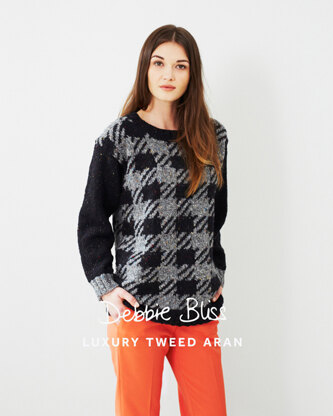 "Checked Tweed Sweater" - Sweater Knitting Pattern For Women in Debbie Bliss Donegal Luxury Tweed Aran - DB036