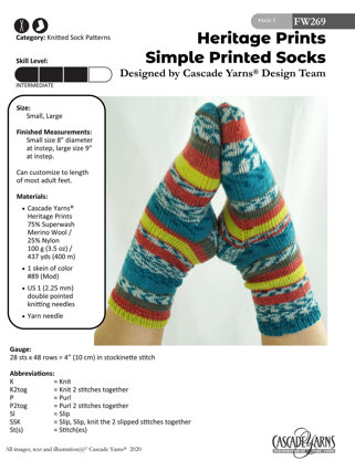 Simple Printed Socks in Cascade Yarns Heritage Prints - FW269 - Downloadable PDF