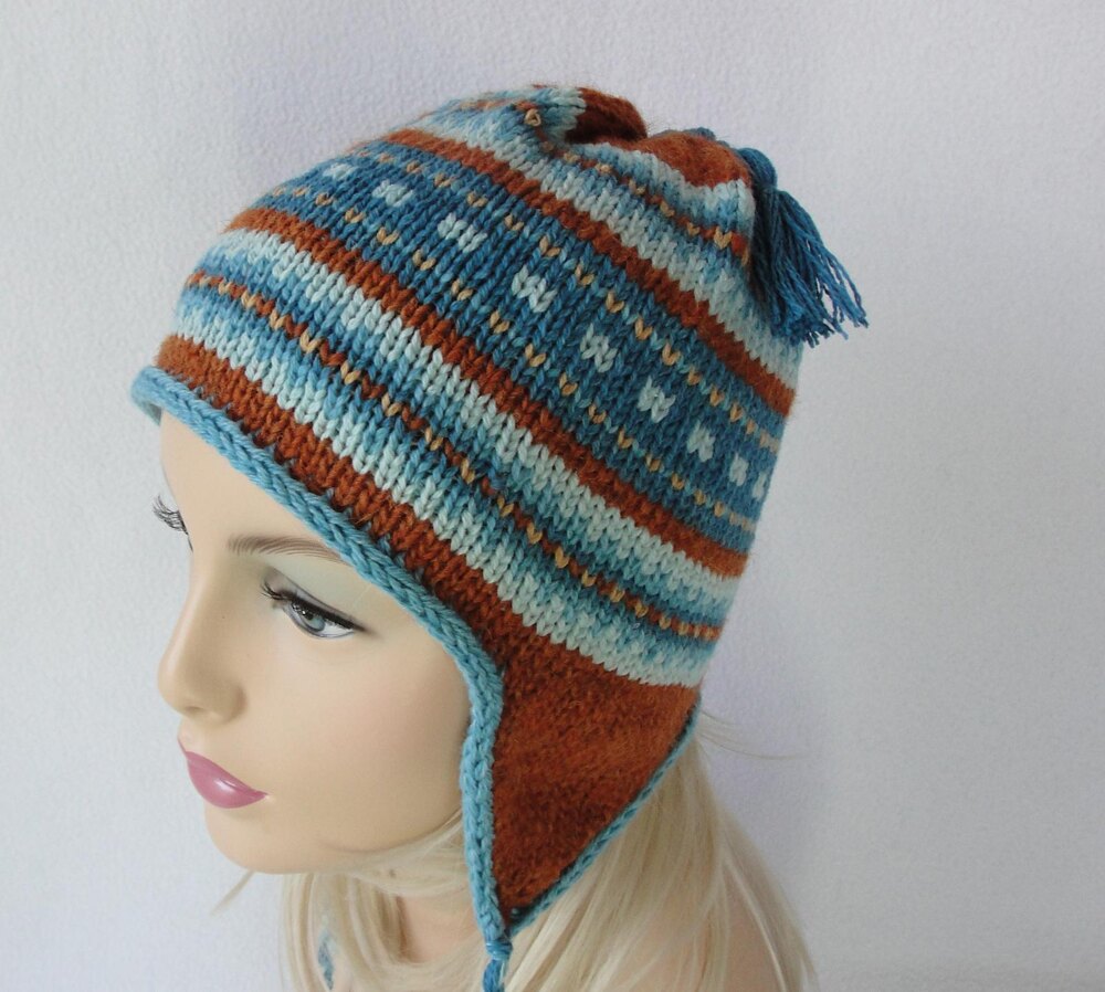 Winter Knit Hat With Ear Flaps One Size Fits All Unisex Adults & Teen.