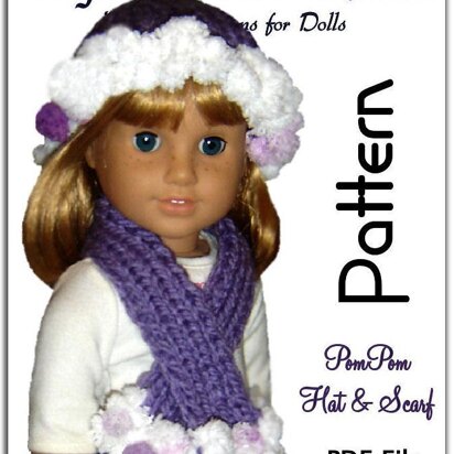 PomPom hat and scarf, fits 18 inch, American Girl Doll 105