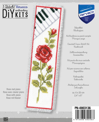 Vervaco Rose With Piano Bookmark Cross Stitch Kit - 6cm x 20cm