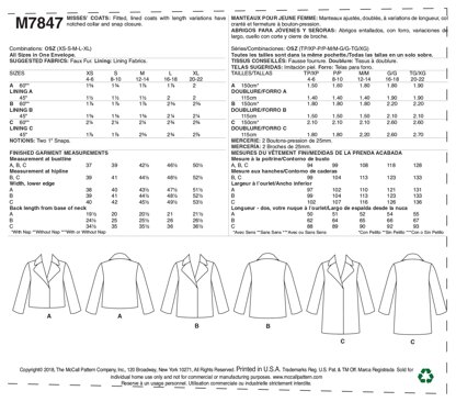 McCall's Misses' Coats M7847 - Paper Pattern, Size XS-S-M-L-XL