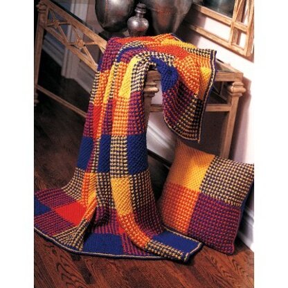 Boldly Colored Plaid Blanket and Pillow in Patons Canadiana
