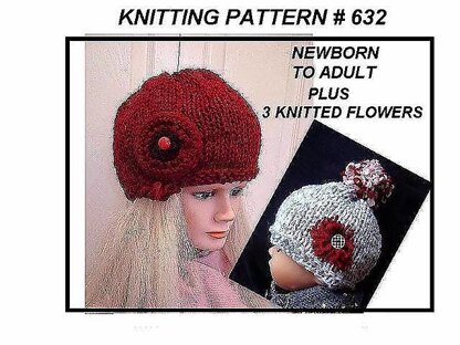 632 RED HAT, Knitting pattern, baby to adult