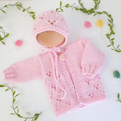 Eyelet Baby Cardigan and Bonnet Set 0-6 months