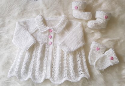 Milly Baby Cardigan, Hat, Mitts & Booties knitting pattern