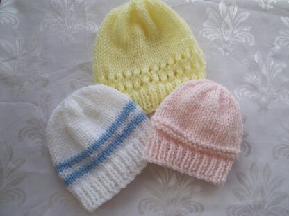 Baby Hat Trio - straight needles DK knitting pattern premature early small baby newborn-3 months