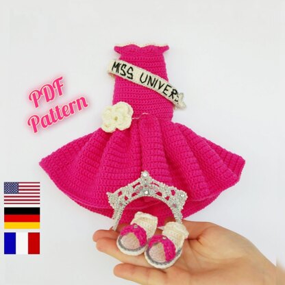 Doll clothes crochet patterns, Amigurumi doll outfit Miss Universe for Astrid 30 cm (11,8 inch) (English, Deutsch, Français)