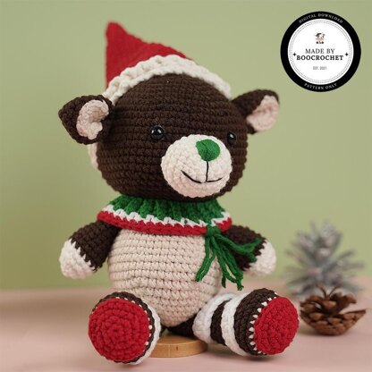 Green Nose Teddy Bear In Christmas Hat Plush Toy Crochet Pattern