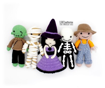 Crochet Pattern: Halloween Characters – Scarecrow, Skeleton, Witch, Mummy and Zombie Crochet Dolls (English)