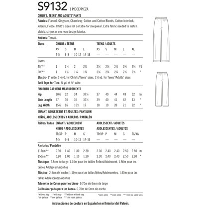 Simplicity Unisex Sleepwear S9132 - Paper Pattern, Size A (XS - L / XS - XL)