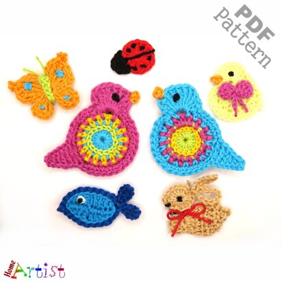 Set 1 Bird Ladybug Bunny Butterfly Chick Fish Crochet Pattern applique