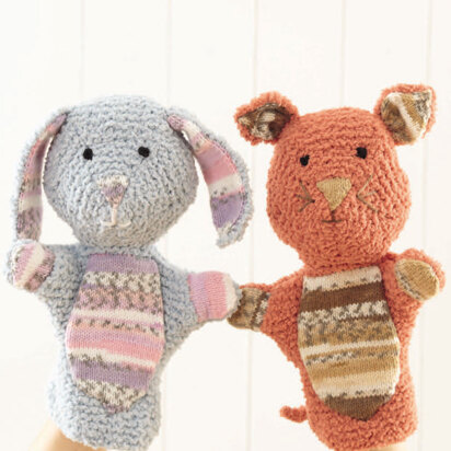 Rabbit and Cat Hand Puppet in Sirdar Snuggly Snowflake Chunky & Snuggly Baby Crofter DK - 4728 - Downloadable PDF