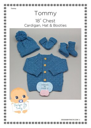 Tommy cardigan hats, booties & mitts baby knitting pattern