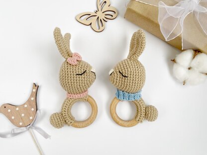 Crochet bunny pattern baby rattle toy Amigurumi rabbit teether