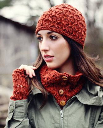 Juliet Hat, Cowl & Mitts in Abbey Collection Merino