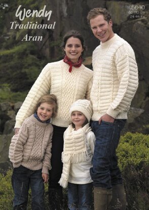 Family Sweaters, Hat and Scarf in Wendy Traditional Aran - 5640