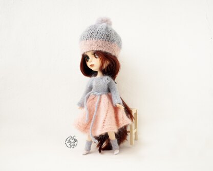 Pink and gray outfit for doll knitted flat