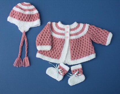 Cardigan, Bootees & Hat with Plaits (64)