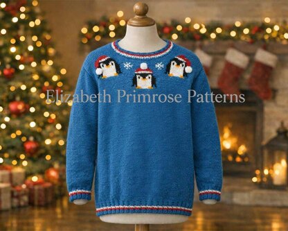 Festive Penguins Jumper Knitting Pattern P165 – Children’s DK Sweater (3–9 Years) | Elizabeth Primrose Patterns