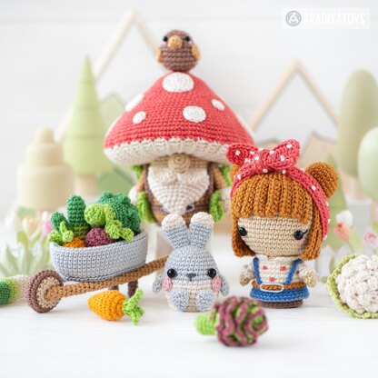 5-in-1 vegetable patch crochet pattern amigurumi by AradiyaToys mini kingdom mushroom gnome crochet tutorial DIY PDF file bunny garden girl by AradiyaToys (Olka Novytska)