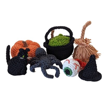 Crochet Halloween Decorations for Pumpkin, Spider, Eyeball, Witch's Hat, Cauldron, Broomstick and Black Cat