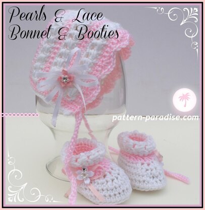 Pearls & Lace Bonnet & Booties PDF 14-137