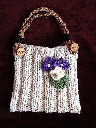 689P - Knitted Purse Handbag, Handles, Flower, and Leaf