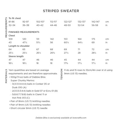 Striped Sweater - Knitting Pattern for Women in Debbie Bliss Super Chunky Merino by Debbie Bliss - DB423 - Downloadable PDF