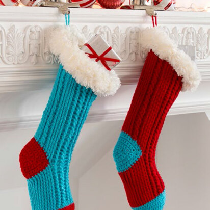 Fur Top Holiday Stockings in Red Heart Super Saver Economy Solids and Boutique Fur - LW4874 - Downloadable PDF