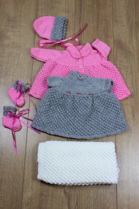 Knitting pattern baby jacket, hat, trousers, dress, booties, blanket/afghan  #43