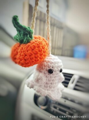 Car Mirror Hanging Accessories Crochet Pumpkin and Ghost Car Decoration  Rear View Mirror Charm Ornaments Cute Car Pendant Interior Decor for Women