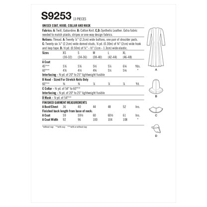 Simplicity Unisex Coat, Hood, Collar & Mask S9253 - Paper Pattern, Size A (XS-S-M-L-XL)